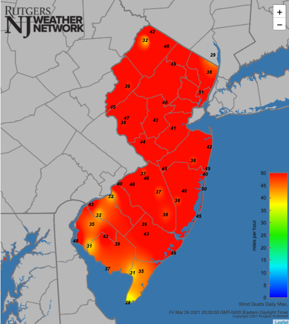 Figure 6. Maximum wind gusts on March 26th as recorded at Rutgers NJ Weather Network stations. Maximum wind gusts on March 26th as recorded at Rutgers NJ Weather Network stations