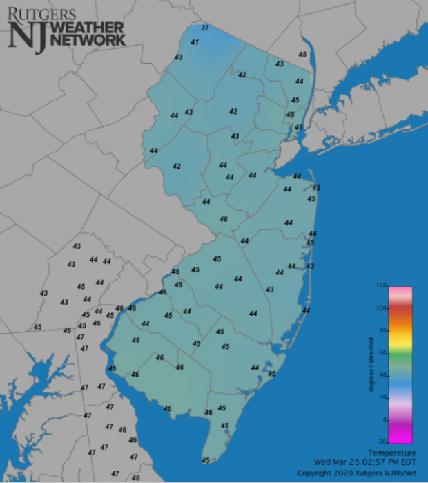 Figure 2. Temperatures across NJ and surrounding states at 2:55PM on March 25th. Observations are quite uniform across the region. This is due to heavy cloud cover, humid air, scattered light rain falling, and a northeasterly wind blowing off the cool Atlantic." class="image-extra-large" /><br/><i>Figure 2. Temperatures across NJ and surrounding states at 2:55PM on March 25th. Observations are quite uniform across the region. This is due to heavy cloud cover, humid air, scattered light rain falling, and a northeasterly wind bl Temperatures across NJ and surrounding states at 2:55 PM on March 25th.