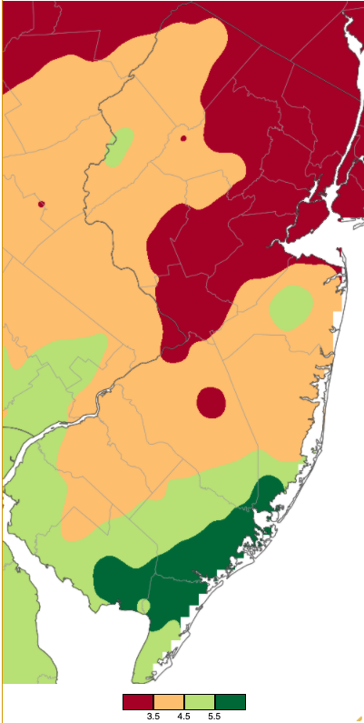 Figure 1. March 2021 precipitation across New Jersey based on a PRISM (Oregon State University) analysis generated using NWS Cooperative and CoCoRaHS observations from 7 AM on February 28th to 7 AM on March 31st. Totals range from 2.50”–3.49” (red) to 5.50”–6.49” (dark green). March 2021 PRISM precipitation estimate map
