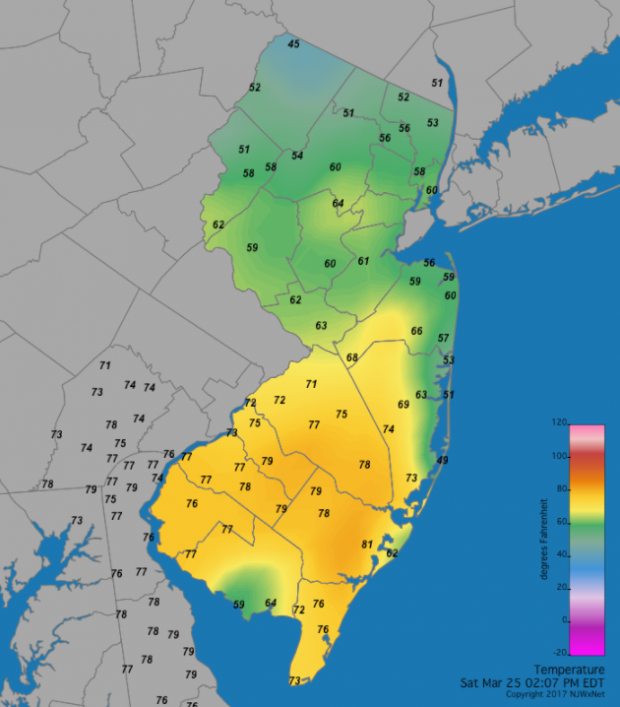 Figure 2. Temperatures across NJ at 2:07 PM on March 25, 2017. Note that the 41° temperature observed at High Point Monument at this time is not displayed. Rather the 45° at nearby High Point Mesonet reading is shown. March 25 temperature map