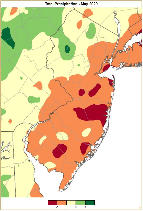 Figure 1. Total May 2020 precipitation across New Jersey based on a PRISM analysis generated using NWS Cooperative and CoCoRaHS observations (Oregon State University). May 2020 PRISM precipitation estimate map