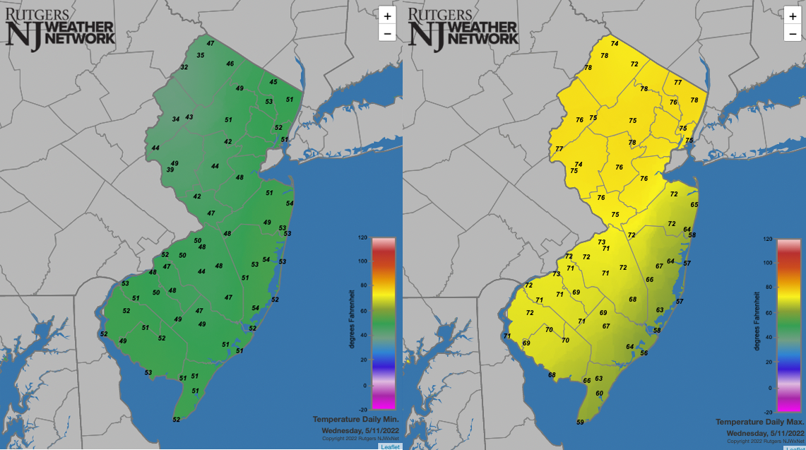 Figure 6. Daily minimum (left) and maximum (right) temperatures at Rutgers NJ Weather Network stations on May 11th. Daily minimum and maximum temperature maps from Rutgers NJ Weather Network stations on May 11th.