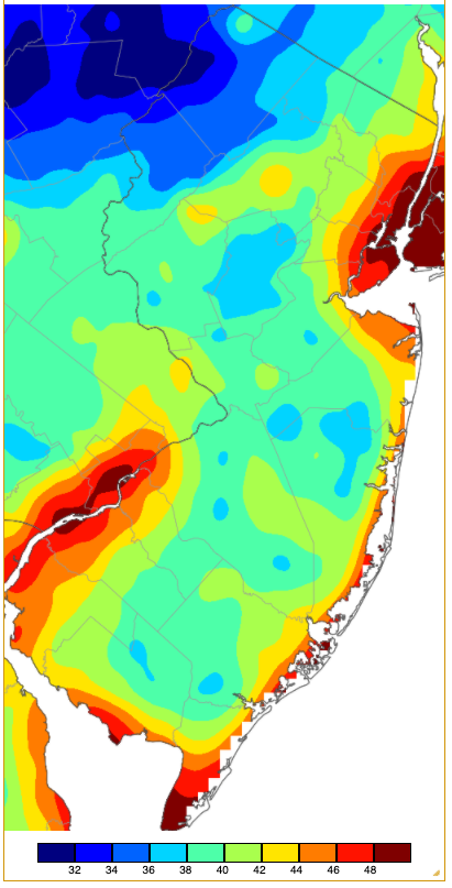 Figure 9. Minimum temperatures on May 13th based on a PRISM (Oregon State University) analysis generated using NWS, NJWxNet, and other professional weather stations. Note the northwest valley cold, cool conditions at lower inland elevations of central and south NJ, somewhat milder minimums in the Highlands, and the least cold in urban and coastal locations. Minimum temperatures on May 13th based on an analysis generated using NWS, NJWxNet, and other professional weather stations