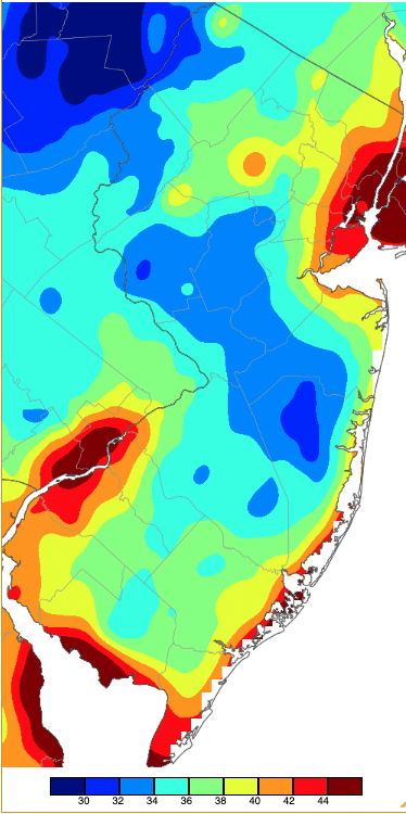 Figure 4. Minimum temperatures on May 1st based on a PRISM (Oregon State University) analysis generated using NWS, NJWxNet, and other professional weather stations. Note the in 2-degree increment scale beneath the map. Minimum temperatures on May 1st based on a PRISM (Oregon State University) analysis generated using NWS, NJWxNet, and other professional weather stations.