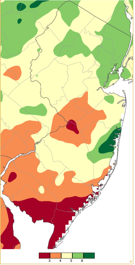 Figure 1. May 2021 precipitation across New Jersey based on a PRISM (Oregon State University) analysis generated using NWS Cooperative and CoCoRaHS observations from 7 AM on April 30th to 7 AM on May 31st. Note the scale in inches at the bottom of the figure. Totals range from 2.00”-3.00” (red) to 6.00”–7.00” (dark green). Rainfall from approximately 7 AM on April 30th to 7 AM on May 1st based on an analysis generated using NWS Cooperative and CoCoRaHS observations