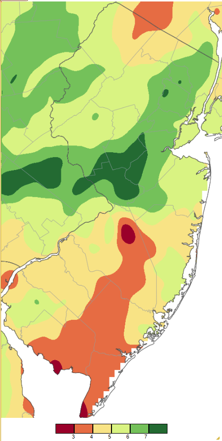 Figure 1. May 2022 precipitation across New Jersey based on a PRISM (Oregon State University) analysis generated using NWS Cooperative and CoCoRaHS observations from 8 AM on April 30th to 8 AM on May 31st. Note the scale in full inches at the bottom of the map. Totals range from 2.00–3.00” (dark red) to 7.00”–8.00” (dark green). May 2022 precipitation across New Jersey based on a PRISM (Oregon State University) analysis generated using NWS Cooperative and CoCoRaHS observations from 8 AM on April 30th to 8 AM on May 31st.