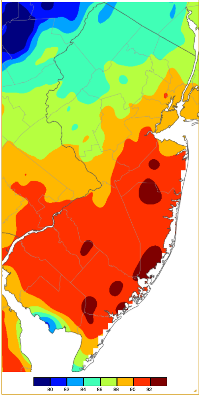 Figure 6. Maximum temperatures on May 22nd based on a PRISM (Oregon State University) analysis generated using NWS, NJWxNet, and other professional weather stations. Note the consistent coverage of temperatures that are aligned with elevation, except for some far-south sea breeze effects (also some on the barrier islands that are not shown). Maximum temperatures on May 22nd based on an analysis generated using NWS, NJWxNet, and other professional weather stations