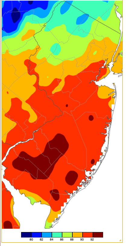 Figure 7. Maximum temperatures on May 23rd based on a PRISM (Oregon State University) analysis generated using NWS, NJWxNet, and other professional weather stations. Note the coverage of temperatures similar to the 22nd only with the mid 80°s a bit farther north. Maximum temperatures on May 23rd based on an analysis generated using NWS, NJWxNet, and other professional weather stations