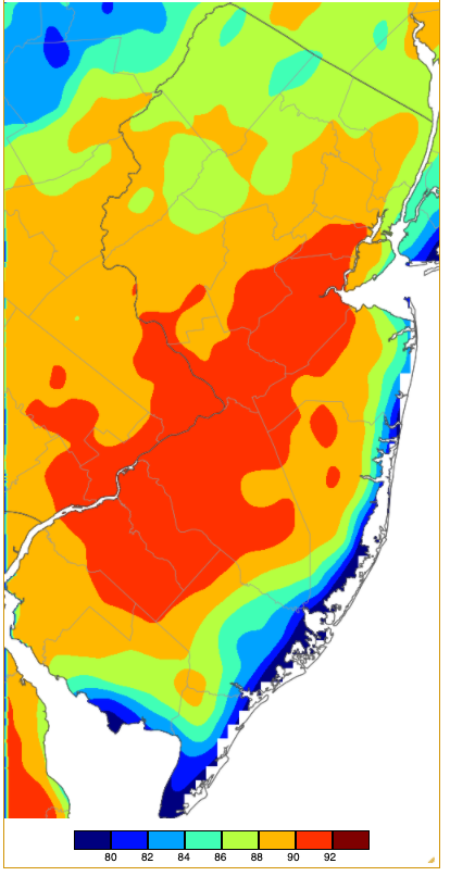 Figure 8. Maximum temperatures on May 26th based on a PRISM (Oregon State University) analysis generated using NWS, NJWxNet, and other professional weather stations. Note a pronounced sea breeze cooling along the entire Atlantic and Delaware Bay coasts. Maximum temperatures on May 26th based on an analysis generated using NWS, NJWxNet, and other professional weather stations