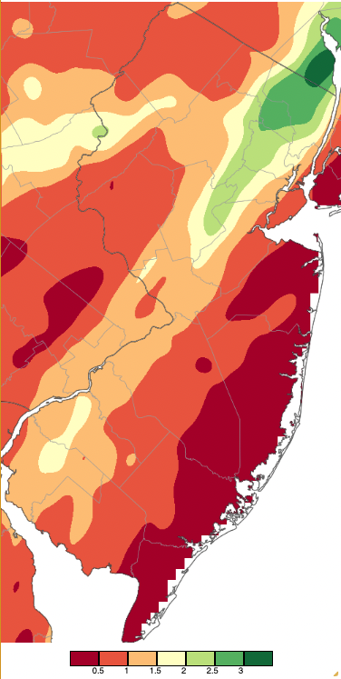 Figure 3. Precipitation across New Jersey from 8 AM on May 27th through 8 AM May 29th based on a PRISM (Oregon State University) analysis generated using generated using NWS Cooperative and CoCoRaHS observations. Note the scale in inches beneath the map. Precipitation across New Jersey from 8 AM on May 27th through 8 AM May 29th based on a PRISM (Oregon State University) analysis generated using generated using NWS Cooperative and CoCoRaHS observations.