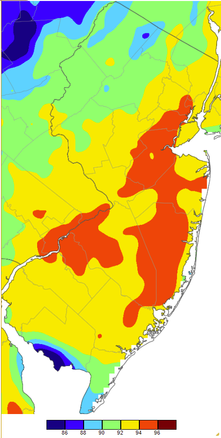 Figure 5. Maximum temperatures on May 31st based on a PRISM (Oregon State University) analysis generated using NWS, NJWxNet, and other professional weather stations. Note the 2-degree increment scale beneath the map. Maximum temperatures on May 31st based on a PRISM (Oregon State University) analysis generated using NWS, NJWxNet, and other professional weather stations.