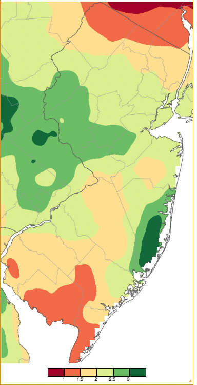 Figure 2. Precipitation across New Jersey from 8 AM on May 5th through 8 AM May 9th. based on a PRISM (Oregon State University) analysis generated using generated using NWS Cooperative and CoCoRaHS observations. Note the scale in inches beneath the map. Precipitation map from across New Jersey from 8 AM on May 5th through 8 AM May 9th. based on a PRISM (Oregon State University) analysis generated using generated using NWS Cooperative and CoCoRaHS observations.