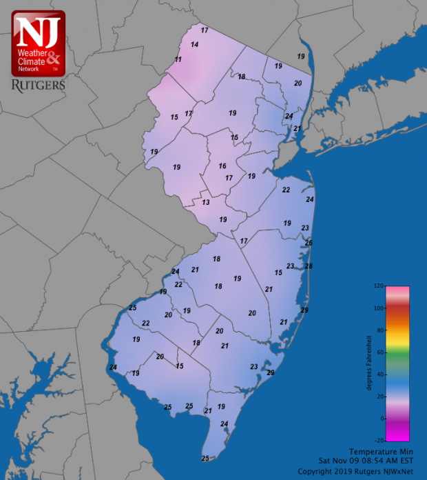 Figure 3. Minimum temperatures at NJWxNet stations on November 9th. Minimum temperature map at NJWxNet stations on November 9th.