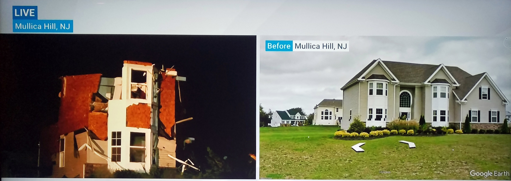 Figure 6. On the left, the remains of a home in the area of Mullica Hill where the EF-3 damage occurred earlier in the evening. The photo on the right shows the home prior to its destruction (source: The Weather Channel). On the left, the remains of a home in the area of Mullica Hill where the EF-3 damage occurred earlier in the evening. The photo on the right shows the home prior to its destruction.