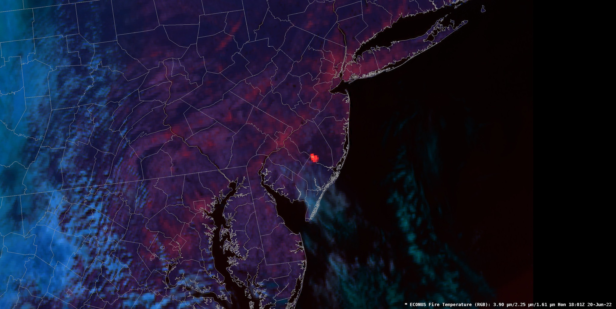 Figure 7. Mullica River fire observed on heat-sensitive satellite image (bright red) on June 20th (NOAA). Mullica River fire observed on heat-sensitive satellite image on June 20th.