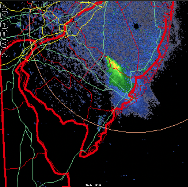 Figure 9. Radar image showing the smoke plume at 2:45 PM on June 20th (NOAA). Radar image showing the smoke plume at 2:45 PM on June 20th.