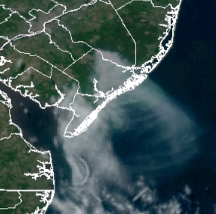 Figure 8. Visible satellite image of wildfire smoke at 12:36 PM on June 20th. Clouds are also seen over eastern Cumberland and most of Cape May county southeastward, located south of the smoke plume (NOAA). Visible satellite image of wildfire smoke at 12:36 PM on June 20th.