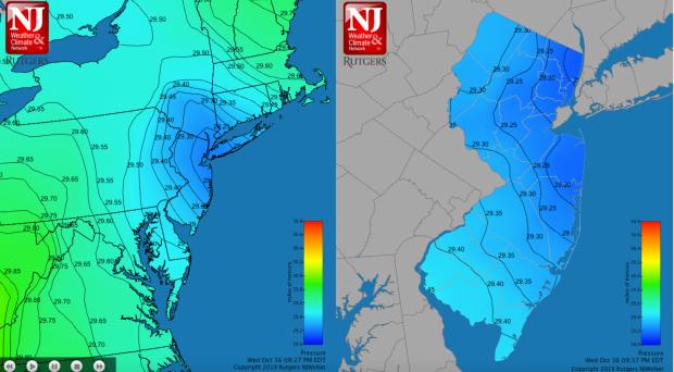 Figure 3. Surface barometric pressure around 9:30PM on October 16th. Surface barometric pressure around 9:30PM on October 16th.