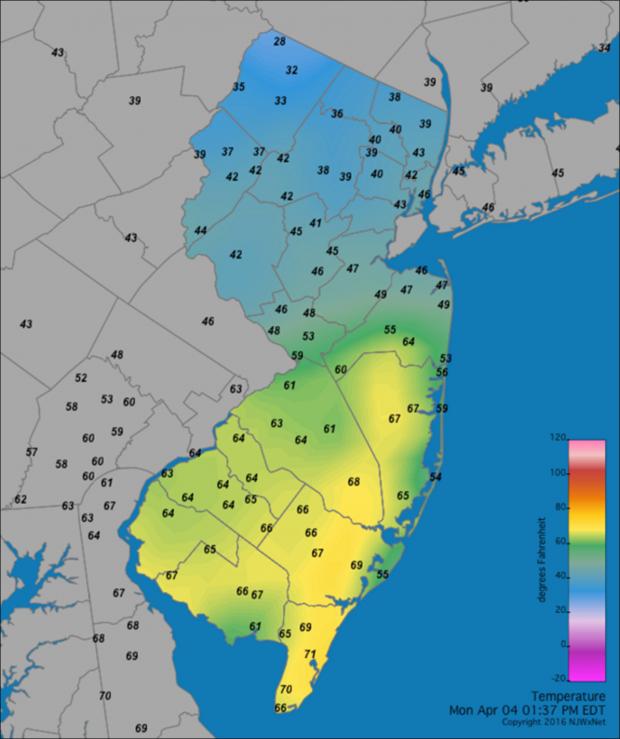 Figure 1. Temperatures ranged from 28° to 71° across New Jersey at 1:37 PM EDT on April 4, 2016. Rain and snow were falling in the north, while the sun was shining in the south. A modest sea breeze was also in progress along the coast. April 19 2016 temperature map