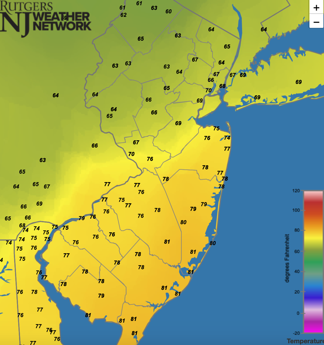 Figure 3. Surface air temperatures at 8:10 PM EDT on September 1st as the low was located directly in the center of the state and the heaviest rains were falling just to the north of the warm front in Somerset County (source: Rutgers NJ Weather Network). Surface air temperatures at 8:10 PM EDT on September 1st as the low was located directly in the center of the state and the heaviest rains were falling just to the north of the warm front in Somerset County (source: Rutgers NJ Weather Network).