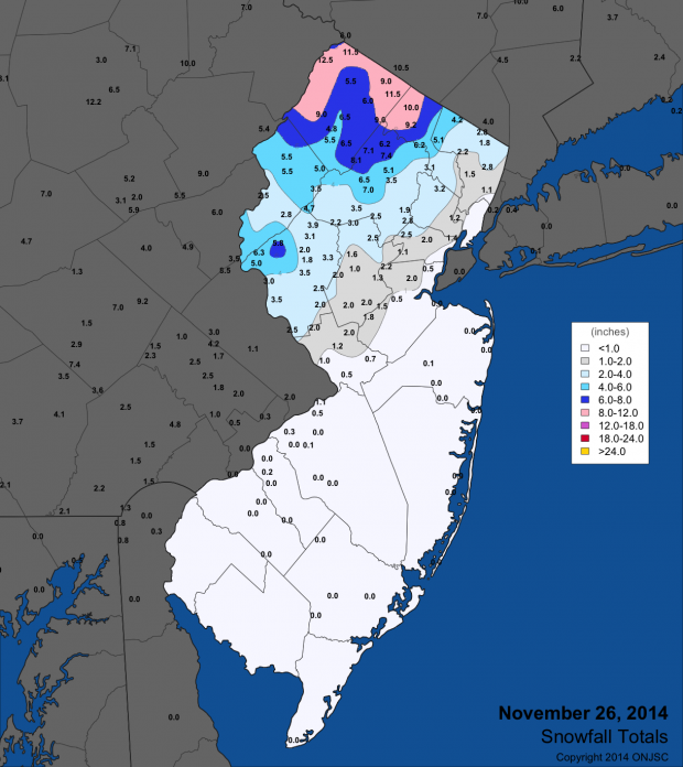 Figure 1. November 26 snowfall totals from National Weather Service (NWS) Cooperative observers and spotters, and CoCoRaHS volunteers. Nov 26 2014 snow map