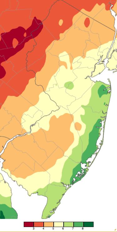 Figure 1. October 2020 precipitation across New Jersey based on a PRISM analysis generated using NWS Cooperative and CoCoRaHS observations (Oregon State University). The two shades of orange/yellow (2.00” to 4.00”) received below-average precipitation, while the lighter shade of orange, yellow and three shades of green (4.00” to 9.00”) were above normal. October 2020 PRISM precipitation estimate map