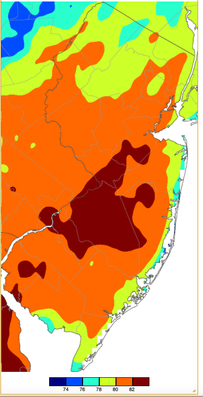 Figure 7. Maximum temperatures on October 15th based on a PRISM (Oregon State University) analysis generated using NWS, NJWxNet, and other professional weather stations. Note the 2 °F increment scale beneath the map. Maximum temperatures on October 15th based on a PRISM (Oregon State University) analysis generated using NWS, NJWxNet, and other professional weather stations.