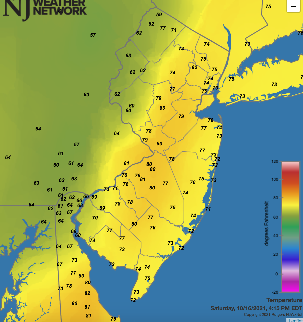 Figure 8. Temperatures across the region at 4:15 PM on October 16th based on data from NJWxNet, NWS, and DEOS weather stations. Temperatures across the region at 4:15 PM on October 16th based on data from NJWxNet, NWS, and DEOS weather stations.