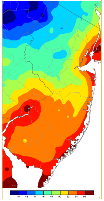 Figure 10. Minimum temperatures on October 19th based on a PRISM (Oregon State University) analysis generated using NWS, NJWxNet, and other professional weather stations. Note the in 2 °F increment scale beneath the map. Minimum temperatures on October 19th based on a PRISM (Oregon State University) analysis generated using NWS, NJWxNet, and other professional weather stations. Note the in 2 °F increment scale beneath the map.
