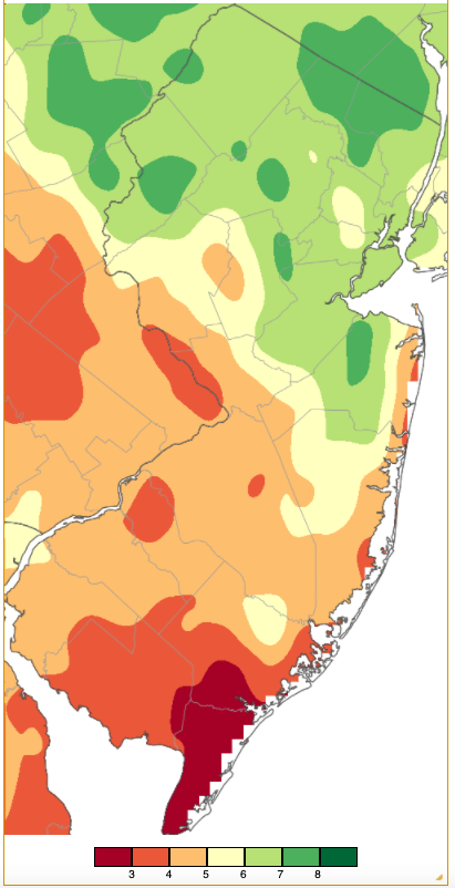 Figure 1. October 2021 precipitation across New Jersey based on a PRISM (Oregon State University) analysis generated using NWS Cooperative and CoCoRaHS observations from 7 AM on September 30th to 7 AM on October 31st. Note the scale in inches at the bottom of the map. Totals range from 2.00”–3.00” (dark red) to 7.00”–8.00” (dark green). October 2021 precipitation across New Jersey based on a PRISM (Oregon State University) analysis generated using NWS Cooperative and CoCoRaHS observations from 7 AM on September 30th to 7 AM on October 31st.