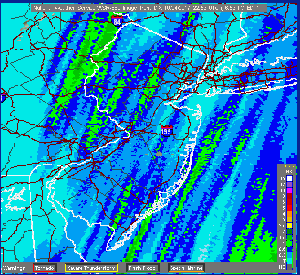 Figure 1. Radar-derived estimated rainfall totals for October 24, 2017, across NJ and nearby environs, illustrating the banding characteristics of the rain cells. The precipitation scale is found in the lower right corner. Green shades exceed 1.00” (courtesy of the National Weather Service). October 24 radar estimate precip