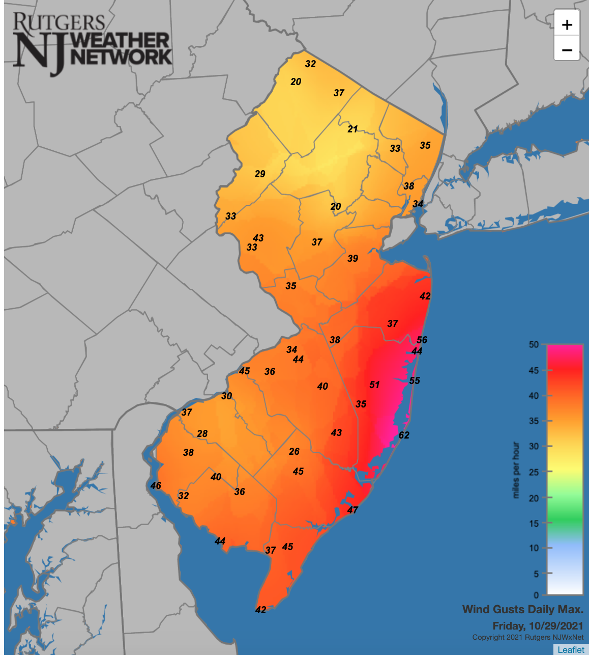 Figure 6. Maximum wind gusts at NJWxNet locations on October 29th. Maximum wind gusts at NJWxNet locations on October 29th.