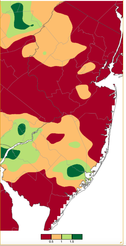Figure 2. Precipitation across New Jersey from 7 AM on October 4th through 7 AM on October 5th based on a PRISM (Oregon State University) analysis generated using NWS Cooperative and CoCoRaHS observations. Note the scale in inches beneath the map. Precipitation across New Jersey from 7 AM on October 4th through 7 AM on October 5th based on a PRISM (Oregon State University) analysis generated using NWS Cooperative and CoCoRaHS observations.