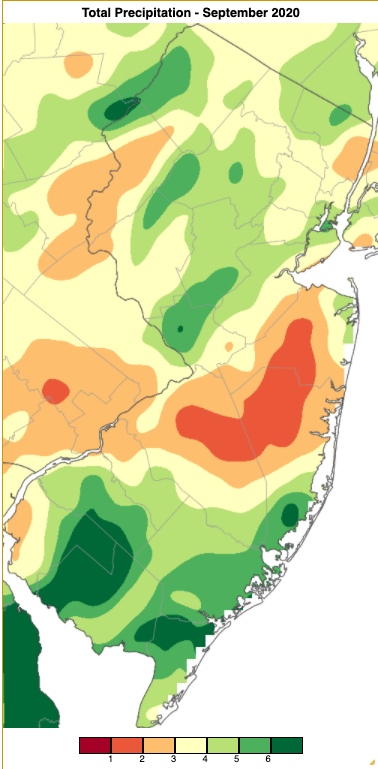 Figure 1. September 2020 precipitation across New Jersey based on a PRISM analysis generated using NWS Cooperative and CoCoRaHS observations (Oregon State University). The three shades of orange/yellow (1.00” to 4.00”) received below-average precipitation, while the three shades of green (4.00” to 7.00”) were above normal. September 2020 PRISM precipitation estimate map