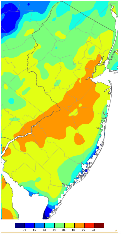 Figure 6. Maximum temperatures on September 15th based on a PRISM (Oregon State University) analysis generated using NWS, NJWxNet, and other professional weather stations. Note the in 2 °F increments at the bottom of the map. Maximum temperatures on September 15th based on a PRISM (Oregon State University) analysis generated using NWS, NJWxNet, and other professional weather stations.