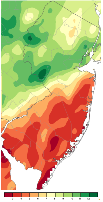 Figure 1. September 2021 precipitation across New Jersey based on a PRISM (Oregon State University) analysis generated using NWS Cooperative and CoCoRaHS observations from 7 AM on August 31st to 7 AM on September 30th. Note the scale in inches at the bottom of the map. Totals range from 2.00”–3.00” (dark red) to 12.00”–13.00” (dark green). September 2021 precipitation across New Jersey based on a PRISM (Oregon State University) analysis generated using NWS Cooperative and CoCoRaHS observations from 7 AM on August 31st to 7 AM on September 30th.