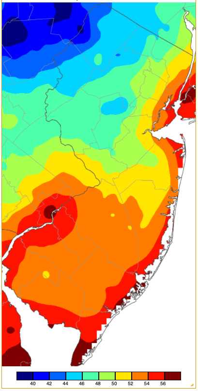 Figure 7. Minimum temperatures on September 29th based on a PRISM (Oregon State University) analysis generated using NWS, NJWxNet, and other professional weather stations. Note the in 2 °F increments at the bottom of the map. Minimum temperatures on September 29th based on a PRISM (Oregon State University) analysis generated using NWS, NJWxNet, and other professional weather stations.