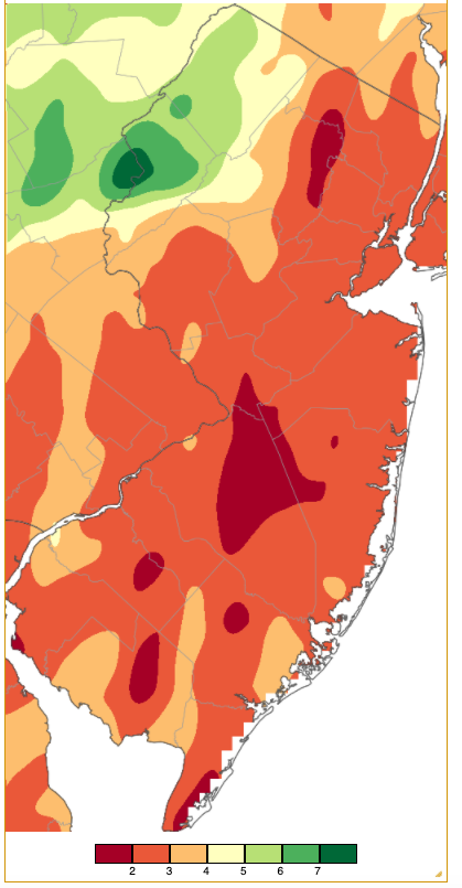 Figure 2. Precipitation across New Jersey from 7 AM on September 2nd through 7 AM on September 30th based on a PRISM (Oregon State University) analysis generated using NWS Cooperative and CoCoRaHS observations from 7 AM on August 31st to 7 AM on September 30th. This reflects precipitation for the remainder of the month following Ida on the 1st. Note the scale in inches at the bottom of the map. Totals range from 1.00”–2.00” (red) to 7.00”– 8.00” (dark green). Precipitation across New Jersey from 7 AM on September 2nd through 7 AM on September 30th based on a PRISM (Oregon State University) analysis generated using NWS Cooperative and CoCoRaHS observations from 7 AM on August 31st to 7 AM on September 30th. This reflects precipitation for the remainder of the month following Ida on the 1st.