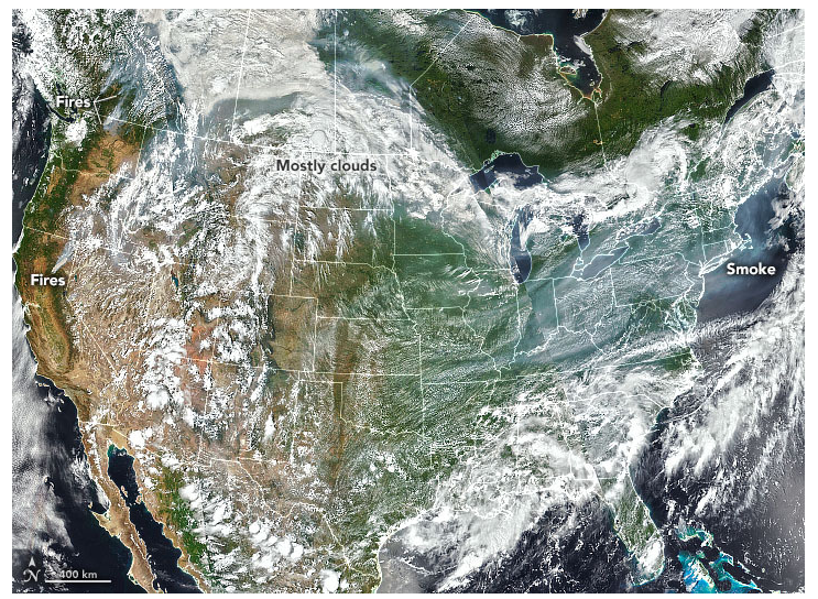 Figure 9. A visible satellite image of the middle latitudes on the northern western hemisphere on July 20, 2021. Smoke from western forest fires can be seen among clouds near the US-Canadian border in the west and dominates the sky over the Midwest in the Mid-Atlantic states (image courtesy of NOAA). A visible satellite image of the middle latitudes on the northern western hemisphere on July 20, 2021. Smoke from western forest fires can be seen among clouds near the US-Canadian border in the west and dominates the sky over the Midwest in the Mid-Atlantic states.