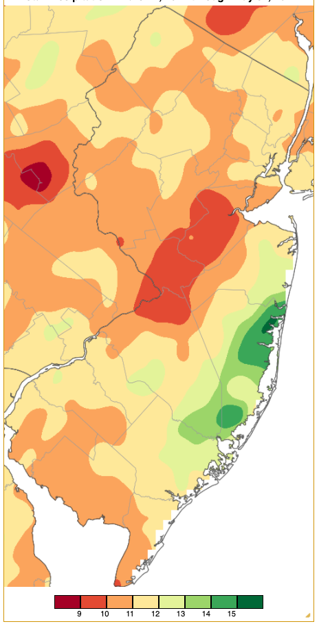 Figure 10. Spring 2021 precipitation across New Jersey based on a PRISM (Oregon State University) analysis generated using NWS Cooperative and CoCoRaHS observations. NJ totals range from 9.00”–9.99” (red) to 15.00”–15.99” (dark green). Spring 2021 precipitation based on an analysis generated using NWS Cooperative and CoCoRaHS observations