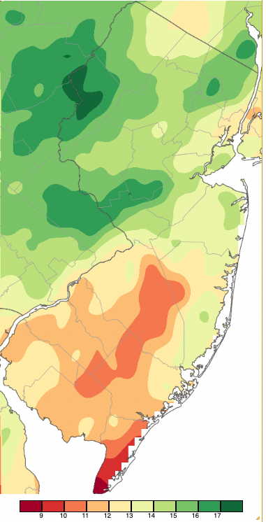 Figure 9. Spring 2022 precipitation across New Jersey based on a PRISM (Oregon State University) analysis generated using NWS Cooperative and CoCoRaHS observations from 8 AM on February 28th to 8 AM on May 31st. Note the scale in full inches at the bottom of the map. Totals range from 8.00–9.00” (dark red) to 17.00”–18.00” (dark green). Spring 2022 precipitation across New Jersey based on a PRISM (Oregon State University) analysis generated using NWS Cooperative and CoCoRaHS observations from 8 AM on February 28th to 8 AM on May 31st.