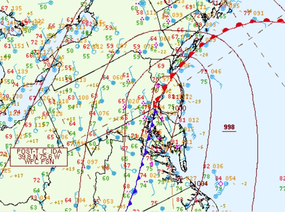Figure 2. The location of the subtropical low (Ida remnants; red L) in the early evening of the 1st (00Z, 8:00 PM EDT). The associated warm front is in red and cold front is blue (source: NOAA Weather Prediction Center Surface Archive Page). The location of the subtropical low (Ida remnants; red L) in the early evening of the 1st (00Z, 8:00 PM EDT). The associated warm front is in red and cold front is blue.
