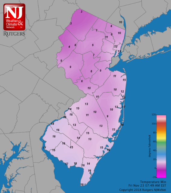 Figure 7. Minimum temperatures at NJWxNet locations on November 23rd. Minimum temperatures on November 23th