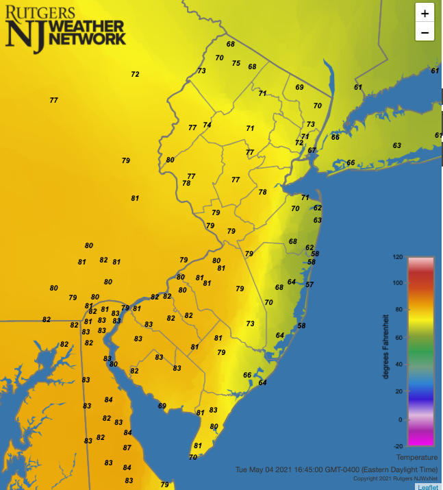 Figure 5. Air temperatures at 4:45 PM on May 4th as recorded at Rutgers NJ Weather Network stations. Air temperatures at 4:45 PM on May 4th at NJWxNet stations