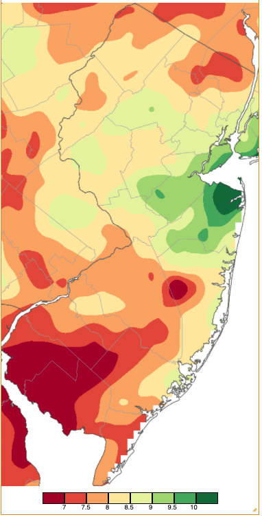 Figure 11. Winter 2021/2022 precipitation across New Jersey based on a PRISM (Oregon State University) analysis generated using NWS Cooperative and CoCoRaHS observations. Note the scale in inches at the bottom of the map. Totals range from 6.50”–7.00” (dark red) to 10.00”–10.50” (dark green). Winter 2021/2022 precipitation across New Jersey based on a PRISM (Oregon State University) analysis generated using NWS Cooperative and CoCoRaHS observations.