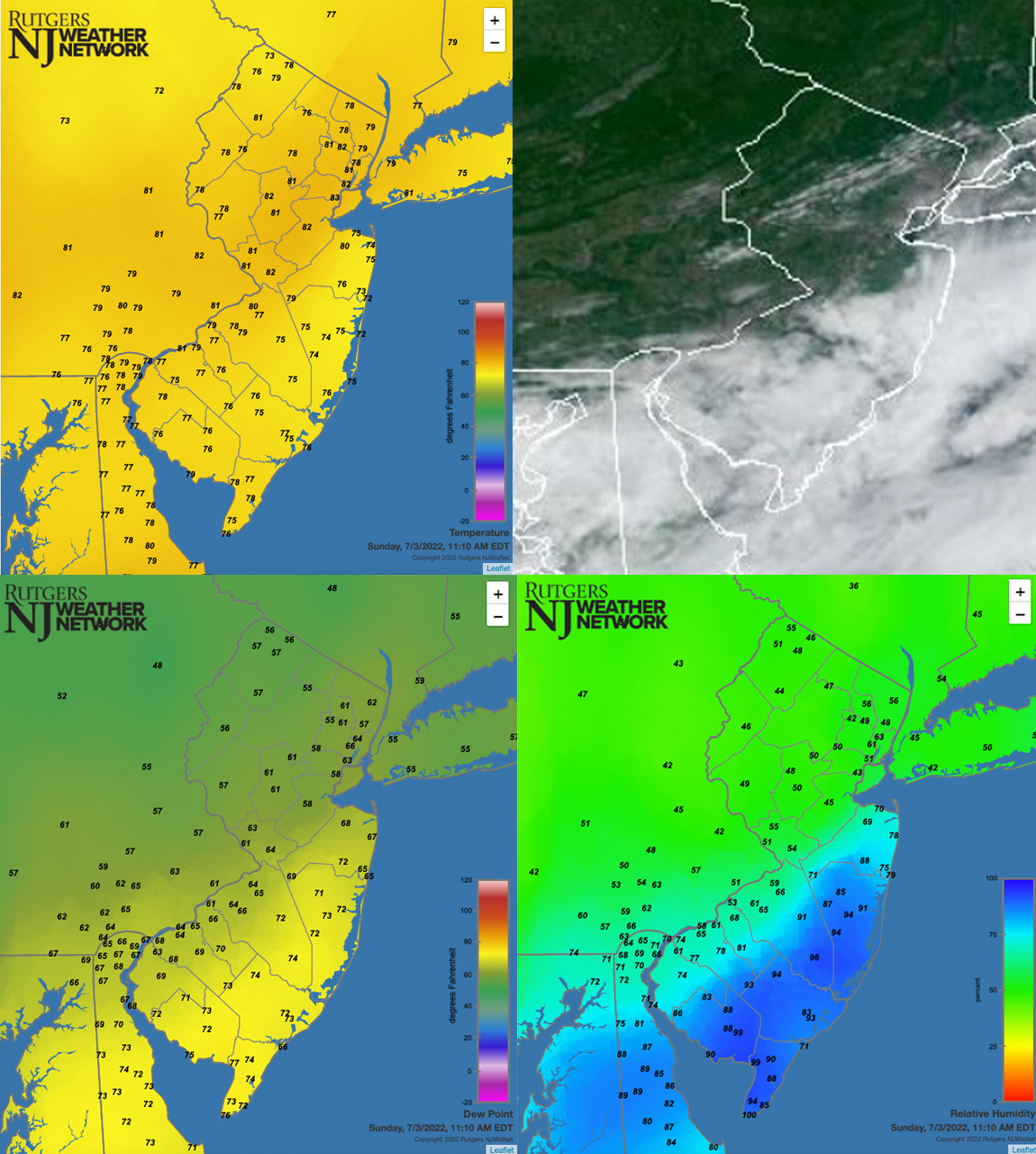 Figure 6. Conditions across the region at 11:20 AM on July 3rd. This includes temperatures (top left), cloud cover (top right), dew point (bottom left), and relative humidity (bottom right). Map showing conditions across the region at 11:20 AM on July 3rd, including temperatures, cloud cover, dew point, and relative humidity.