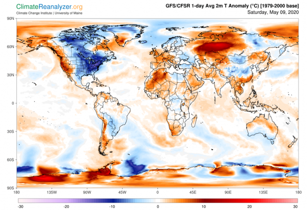 Figure 4. One-day average 2 meter temperature anomaly for May 9th (courtesy of Climate Reanalyzer.org). One-day average worldwide temperature anomaly map for May 9th