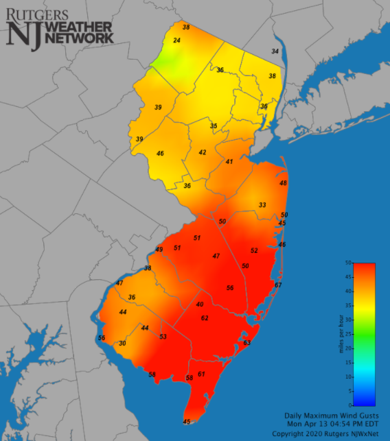 Figure 3. Maximum wind gusts at NJWxNet stations on April 13th. Maximum wind gust map on April 13th