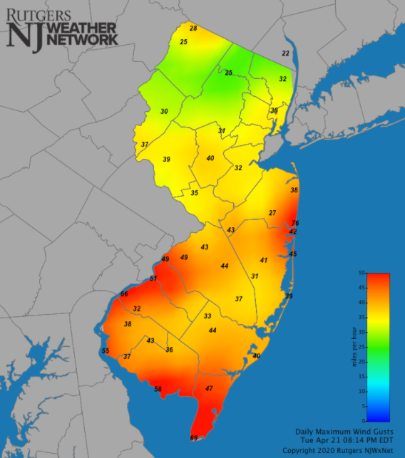 Figure 4. Maximum wind gusts at NJWxNet stations on April 21st. Maximum wind gust map on April 21st