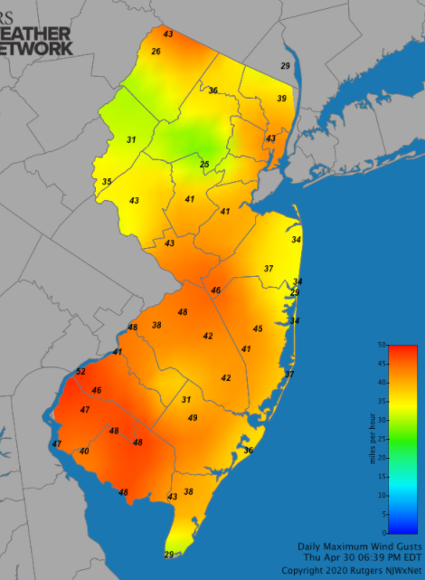 Figure 6. Maximum wind gusts at NJWxNet stations on April 30th. Maximum wind gust map on April 30th